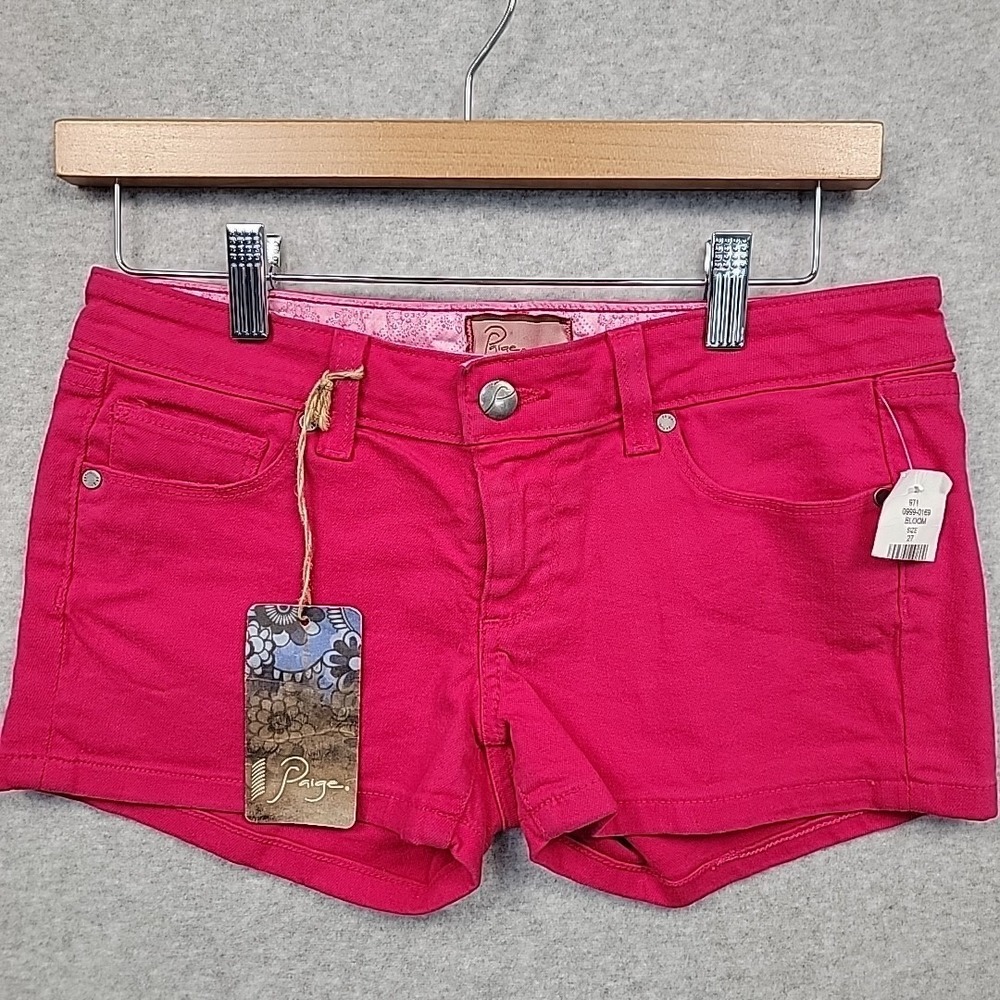 NWT PAIGE Canyon Denim Pink Short Shorts Low Rise Stretch Designer Women's Sz 27
